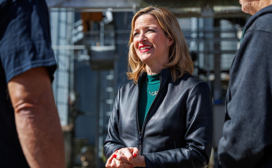 Secretary of State Jocelyn Benson, the Democratic nominee for governor, speaks to corn growers after holding a news conference at Shady Lodge Farm in Lansing, Mich., on Oct. 8, 2026.