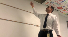 Maplewood Elementary Principal Nicholas Pettit explains how the ceiling in his school leaks. It's one of the buildings North Kansas City is asking voters to approve bonds to replace.