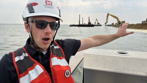 Joe Bieberich of the U.S. Army Corps of Engineers Monitors the Construction of James Island in August 2026 as Sand is Dredged from the Nearby Bottom