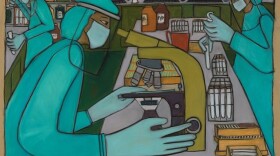 Pastel artwork of scientists in a lab