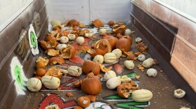 Metal dumpster used to smash pumpkins.