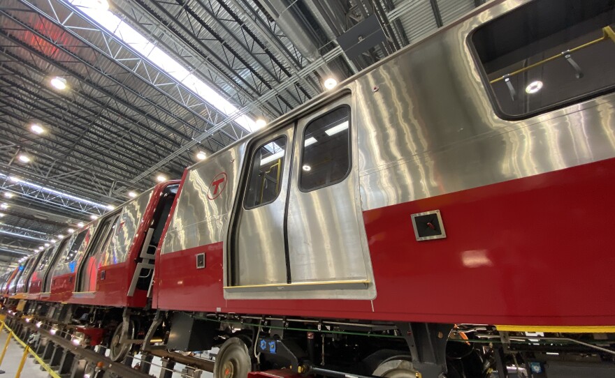 An MBTA Red Line train car at CRRC's factory in Springfield, Massachusetts.