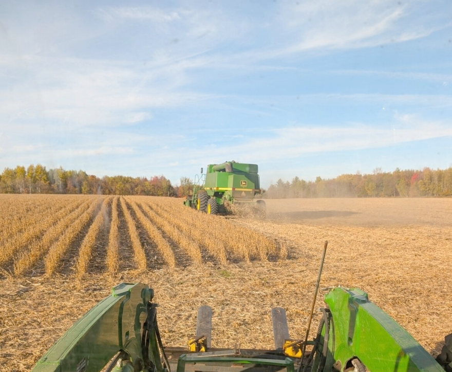 A large piece of green machinery plows a large field.
