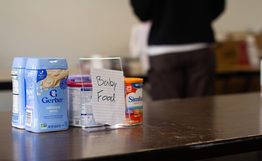 Donations of baby food and formula sit on a sorting table at the West Side Food Pantry in Moscow, Idaho, on Sunday, Nov. 2, 2025.