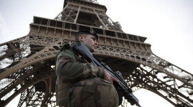 A French soldier patrols in front of the Eiffel Tower on Nov. 1, 2017, in Paris. (Christian Hartmann/AFP/Getty Images)
