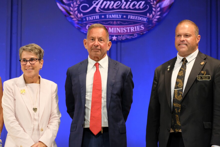 Hollie Noveletsky, Anthony DiLorenzo and Brian Cole, who are running in the Republican primary for the 1st Congressional District, following a debate in Brentwood on Aug. 13, 2026.