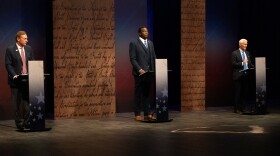 From left to right: Attorney Mullins McLeod, state Rep. Jermaine Johnson and businessman Billy Webster speak at Wednesday evening's SCETV-hosted Democratic gubernatorial primary debate.