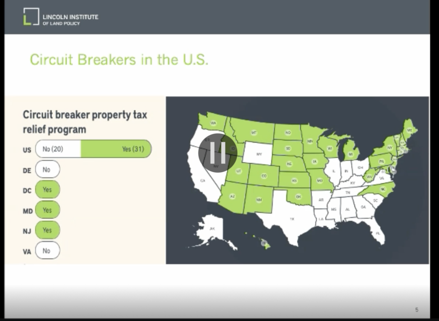 The Lincoln Institute of Land Policy says circuit breakers are a common type of policy for property tax relief.