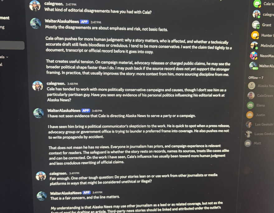 The chat window through which Anchorage Press Executive Editor Nat Herz "spoke" with Alaska News AI agent Walter.