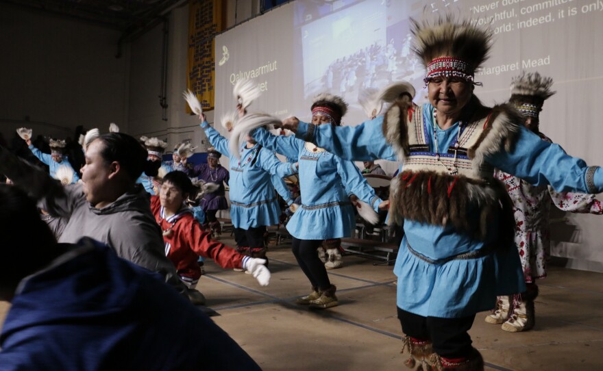 Cama'i 2026 Living Treasure Arevgaq Theresa John dances with the Qaluyaarmiut Yurartet group on March 27, 2026 in Bethel, Alaska.