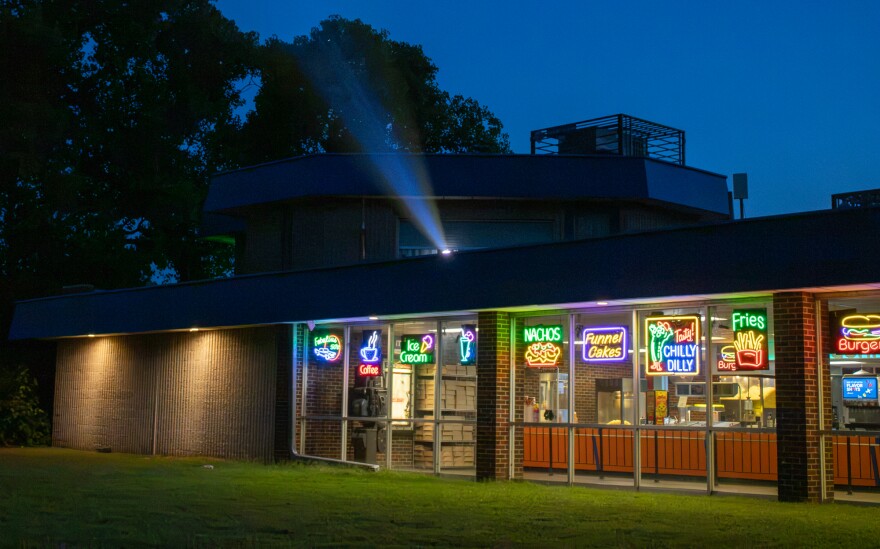 The projector at Wichita's Starlite Drive-In Theater beams a movie onto one of the theater's screens.