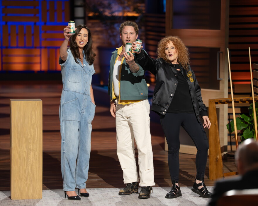 Holly Danko, Josh Jancewicz and Donna Jancewicz pitch Donna's Pickle Beer to investors on ABC's Shark Tank.