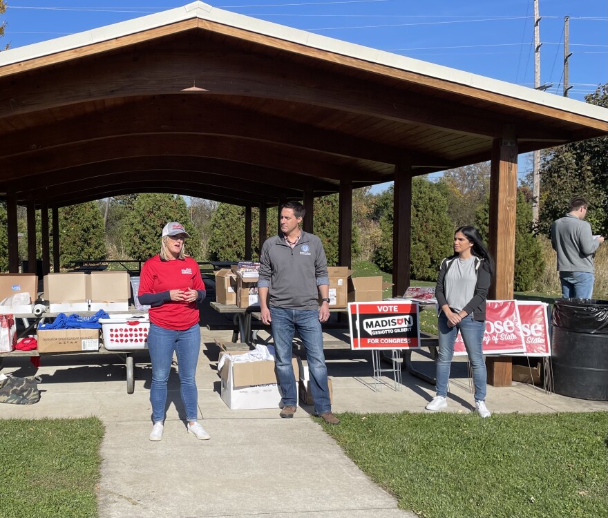  Beth Bigham (left) speaks at a campaign event in Hudson with Secretary of State Frank LaRose and Republican U.S. House candidate Madison Gesiotto Gilbert. 