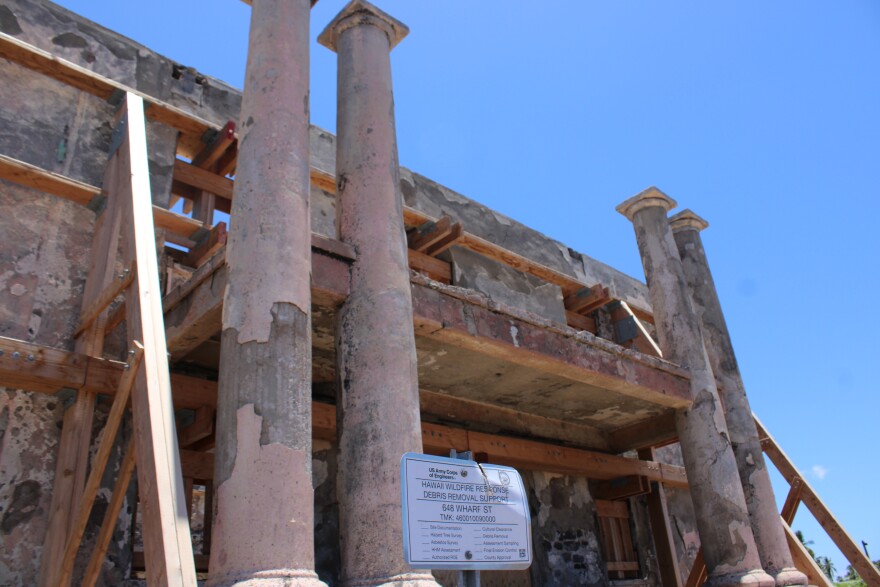 The Old Lahaina Courthouse stands under repair on Wharf Street in Lahaina, Hawaiʻi. (Aug. 4, 2025)