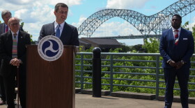 Transportation Secretary Pete Buttigieg delivers remarks in front of the cracked Hernando de Soto bridge on June June 3, 2021. 