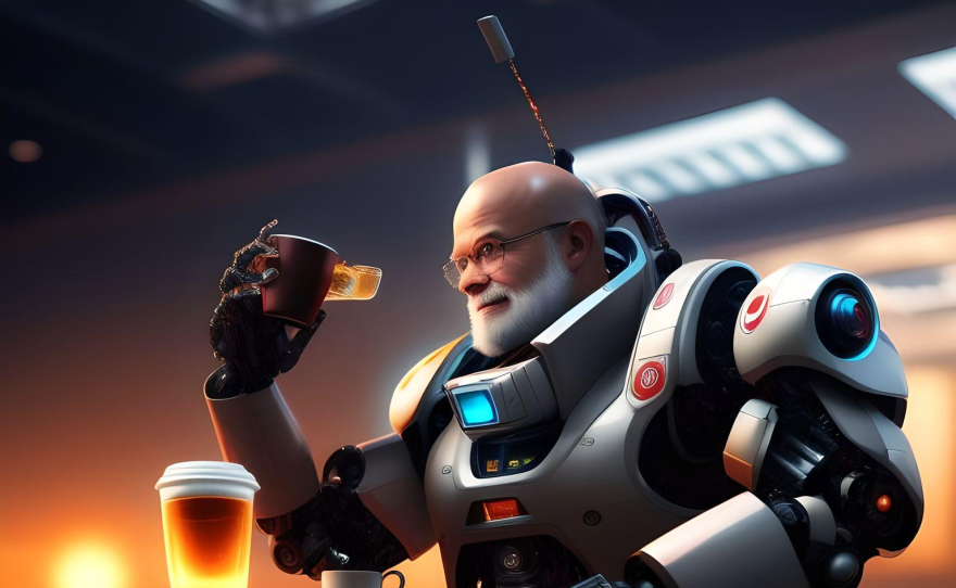  a man in a robot suit contemplates a coffee