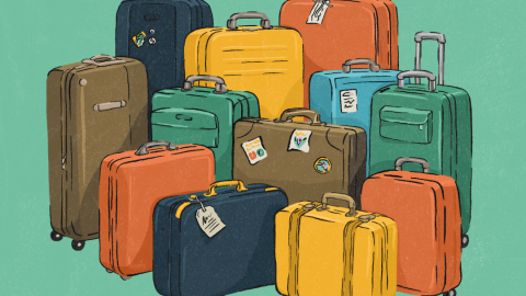 The "Come From Away" graphic features a crowd of 12 suitcases of various sizes, colors, and shapes
