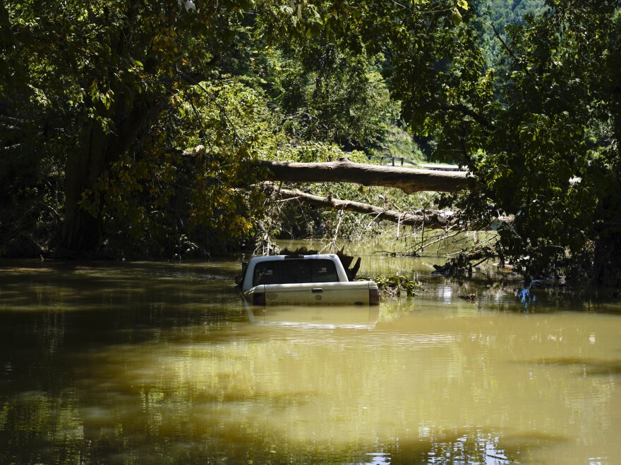 A truck sits submerged after recent flooding in Hindman on Wednesday.