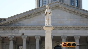 A monument to Confederate soldiers is seen outside the South Carolina Statehouse on Tuesday, April 14, 2026, in Columbia, S.C. (AP Photo/Jeffrey Collins)
