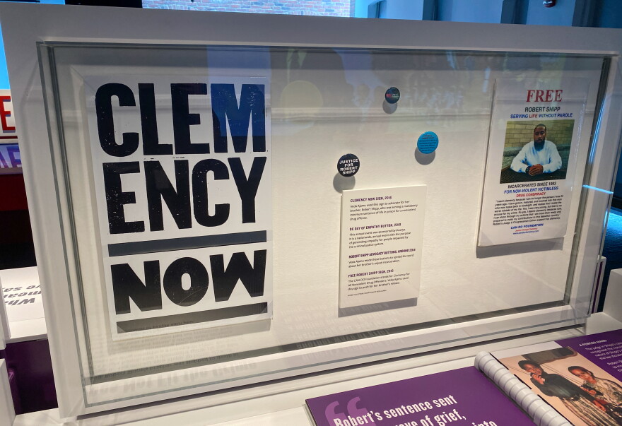 A display that tells the story of how federal mandatory minimum sentencing guidelines and later reforms affected Robert Shipp's life.