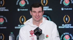Indiana quarterback Fernando Mendoza (15) answers questions during a press conference ahead of Thursday's Rose Bowl College Football Playoff against Alabama Tuesday, Dec. 30, 2025, in Los Angeles.
