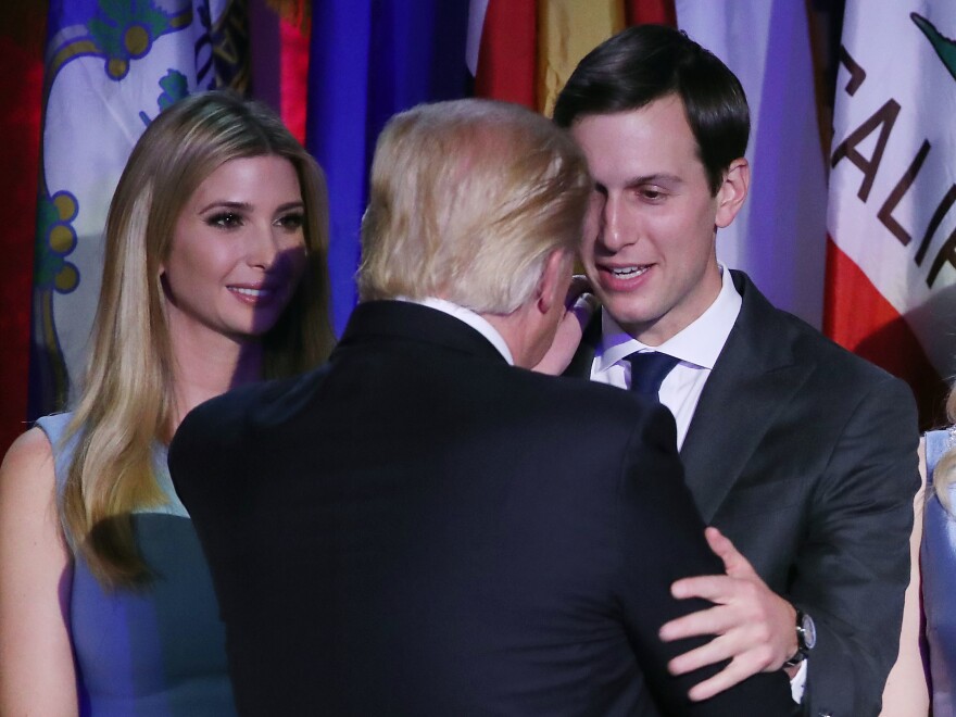 President-elect Donald Trump with son-in-law Jared Kushner and daughter Ivanka following Trump's election night victory speech in New York City.