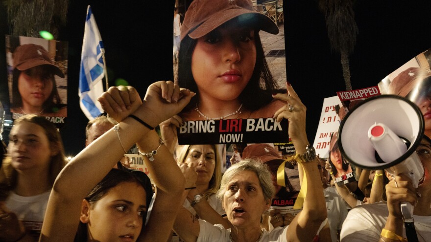 Family of hostage Liri Albag protest outside the Ministry of Defense on Nov. 4, in Tel Aviv, Israel. Albag, 18, is a surveillance soldier at the Nahal Oz army base, and was taken captive by Hamas militants on Oct. 7.