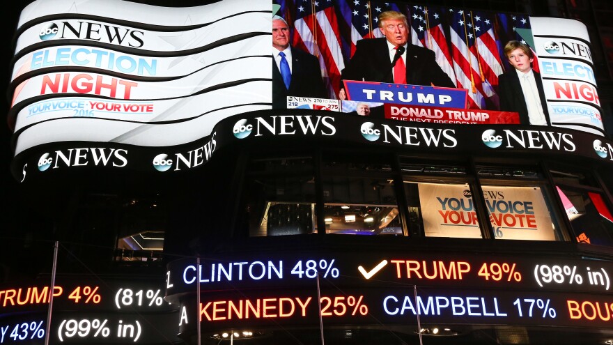 President-elect Trump's acceptance speech was broadcast in Times Square in New York City after his 2016 election. Nearly two years later, the partisan divide grows even wider.