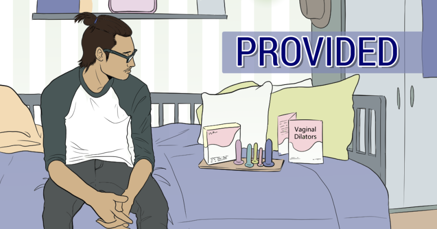 An illustration of a masculine-presenting person wearing glasses with dark hair sitting on the edge of a bed. Next to them is a piece of cardboard with several different-sized and colored cylindrical objects and a pamphlet that reads "Vaginal Dilators." The word "Provided" is in the upper-right of the illustration.