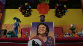 A photo of the late Dolores Huerta is on display as part of a "Dia de los Muertos" altar display at Dolores Huerta Elementary School, Wednesday, Oct. 28, 2026, in San Francisco. (Jeff Chiu/AP)