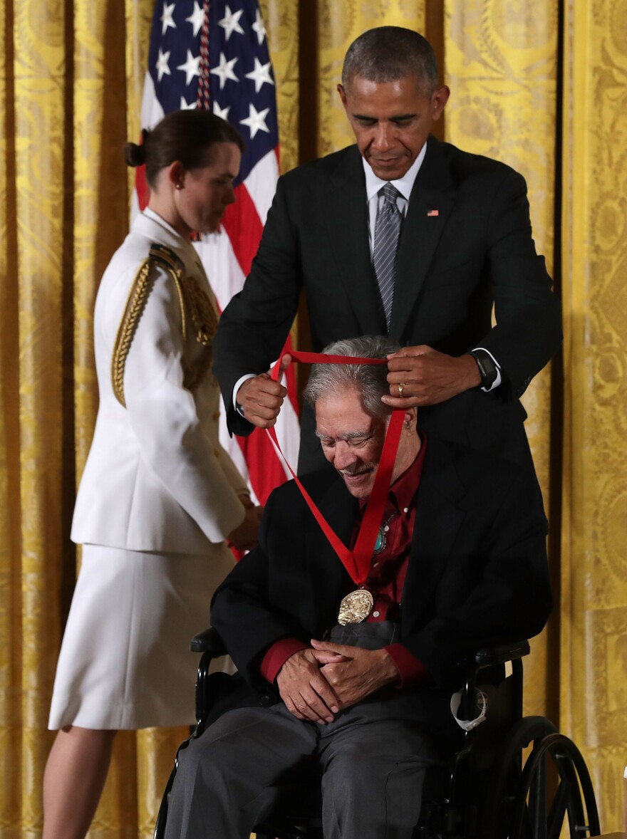 President Barack Obama presents the National Humanities Medal to author Rudolfo Anaya at a ceremony in September 2016.