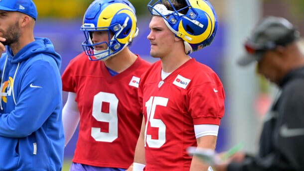Los Angeles Rams quarterbacks Matthew Stafford (9) and Ty Simpson (15) look on during the NFL football team's practice Thursday, May 28, 2026, in Los Angeles. (AP Photo/Jayne Kamin-Oncea)
