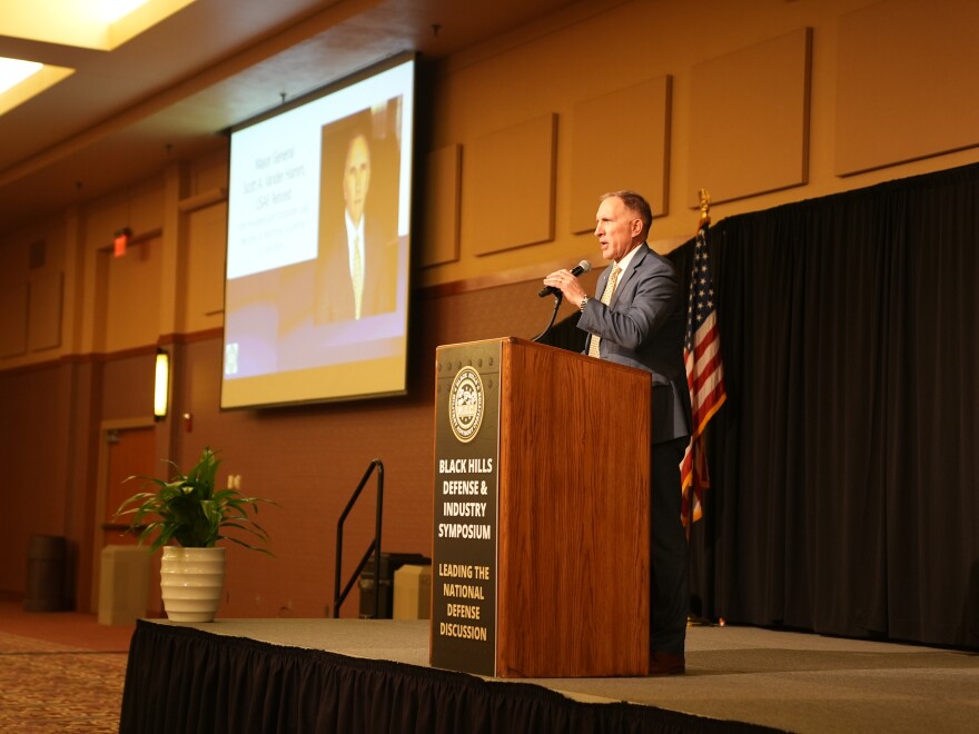 Scott Vander Hamm, Vice President and Corporate Lead Executive with Northrop Grumman, provides an update on the B-21 weapons system at the Black Hills Defense and Industry Symposium Thursday afternoon.