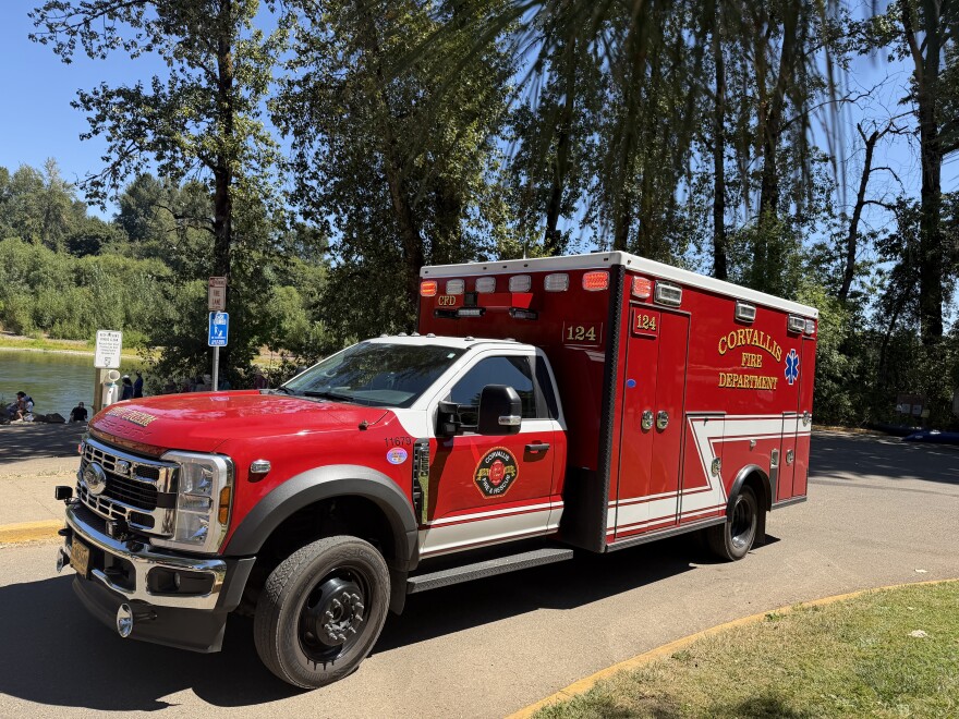 A red emergency vehicle. The side of the vehicle says "Corvallis Fire Department."