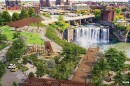 An aerial rendering shows the proposed High Falls Terrace with a new overlook, playground, shelter and other amenities.