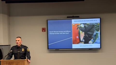 Syracuse Police Chief Mark Rusin speaks at a news conference on Thursday, May 15, 2026