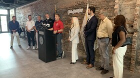Onondaga County executive Ryan McMahon makes a film production tax incentive announcement regarding the to be built aquarium.