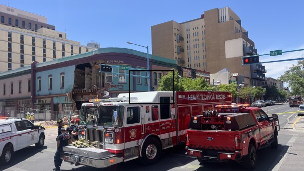 First responders congregate in downtown Albuquerque following the collapse of an exterior wall of Lindy's Diner, located at 500 Central Ave SW.