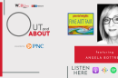 The image features a photo of Angela Bottrell, co-chair of the Peoria Heights Fine Art Fair. The image has the quote “ART IN THE HEIGHTS”, with a graphic icon to promote the event that reads Peoria Heights Fine Art Fair.  As always, the graphic artwork also features an icon of the podcast’s sponsor PNC Bank as well as various podcast platforms where the Out and About podcast can be heard.