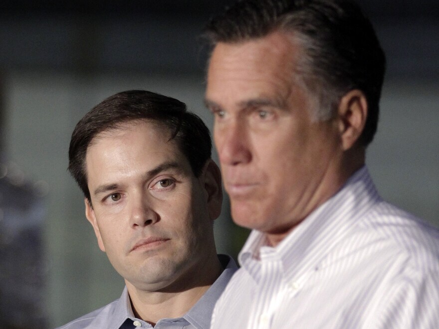 Sen. Marco Rubio, R-Fla., listens at left as Republican presidential candidate Mitt Romney speaks in Aston, Pa., in April. Republican leaders from Jeb Bush to John McCain have touted Rubio for vice president.