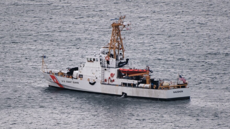 The USS Naushon anchored in Women’s Bay, a few days after investigating the alleged trawler, April 16, 2023. (Brian Venua/KMXT)