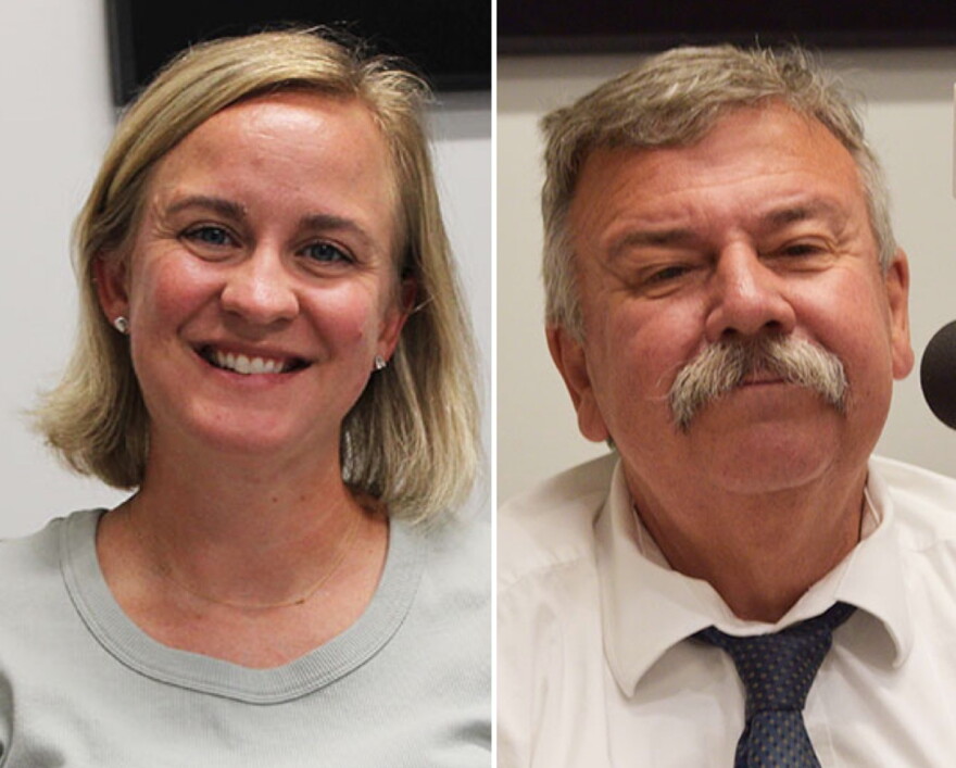 Side-by-side closeup of woman and man smiling. The woman is wearing a light colored top and the man in wearing a white dress shirt and blue tie.