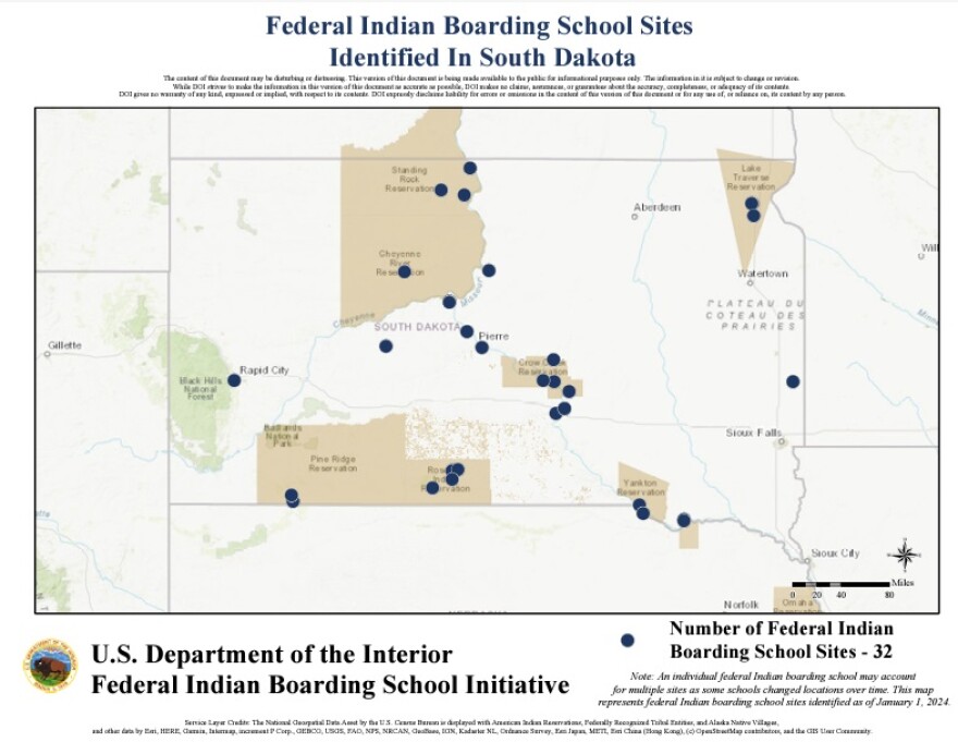 Map showing location of ferderal Indian boarding schools in South Dakota.