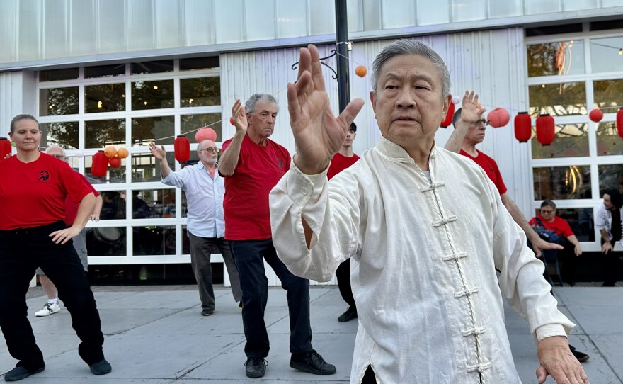 Group of people doing martial arts on stage. 