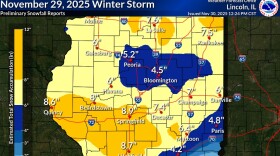 Map of Central Illinois showing snowfall totals for many communities. It shows the heaviest snow from Quincy to Springfield. 