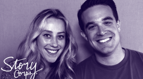 Holly and Spencer Gross smiling with StoryCorps COLUMBUS logo