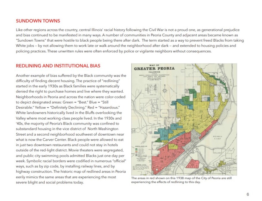 An early page of the report highlights historic examples of racism in Peoria county, including practices like redlining and sundown towns.