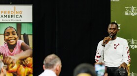 Milwaukee Bucks player Bobby Portis speaks about community efforts during a Q&A at Feeding America Eastern Wisconsin.