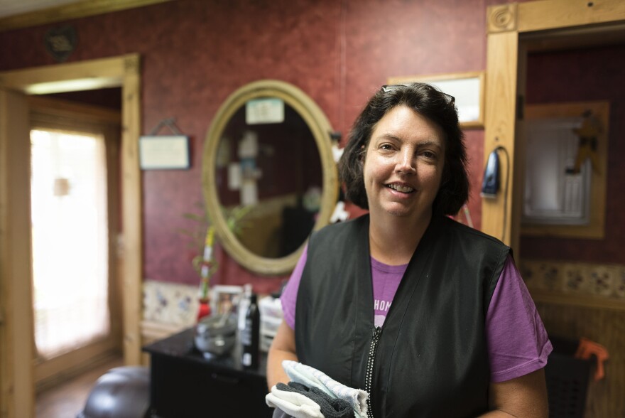 Lora Michael in her Mannington, W.Va., hair salon — Lora’s Shear Delight — on Tuesday, Aug. 1, 2017.