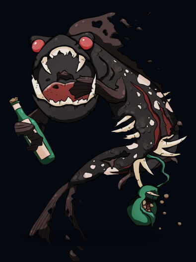 This is what happens with the pancreas goes bad. This monster represents pancreatitis. He's holding a bottle, because the disease can be caused by alcohol.